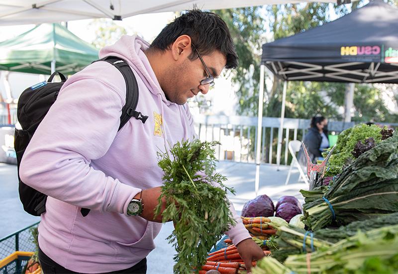 Student picking produce at Farmer's Market